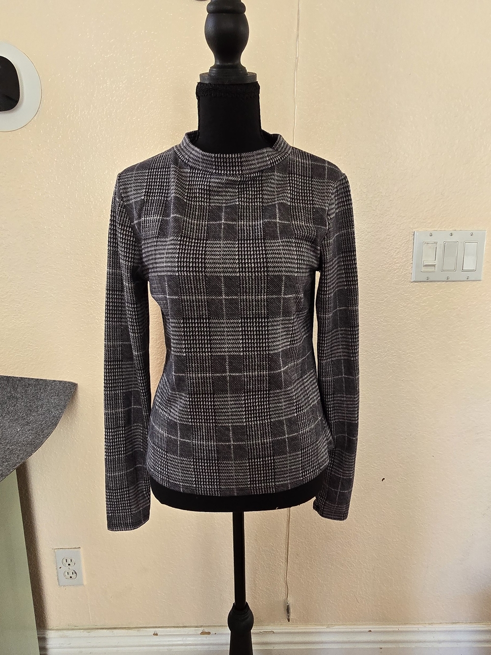 Liberty Love Black and Gray Plaid Mock Neck Long Sleeve Top